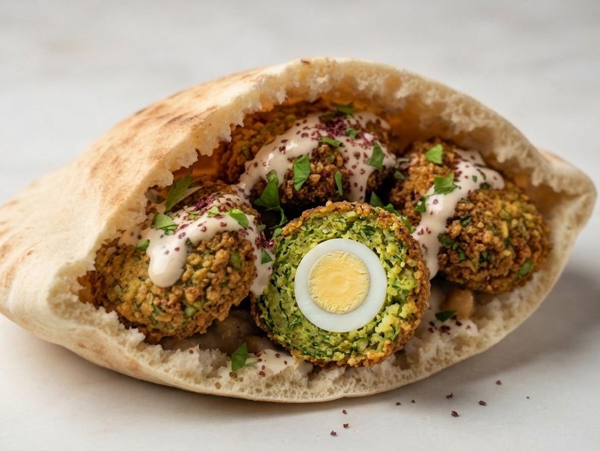 Falafel sandwich stuffed with boiled eggs