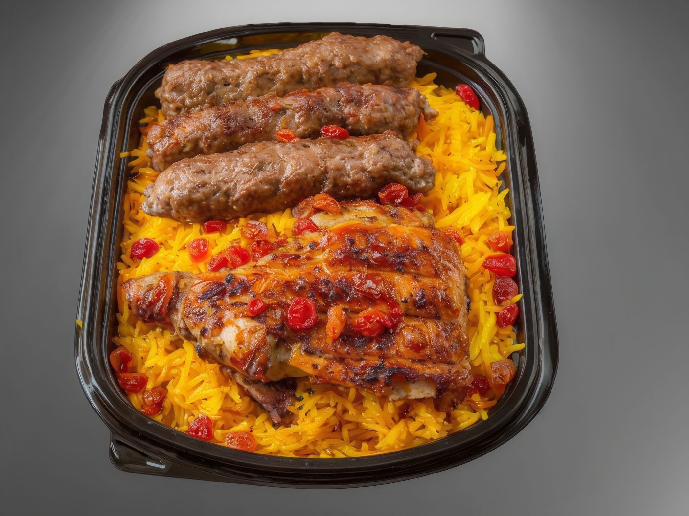 3 Kofta pieces and a quarter grilled chicken thighs with rice