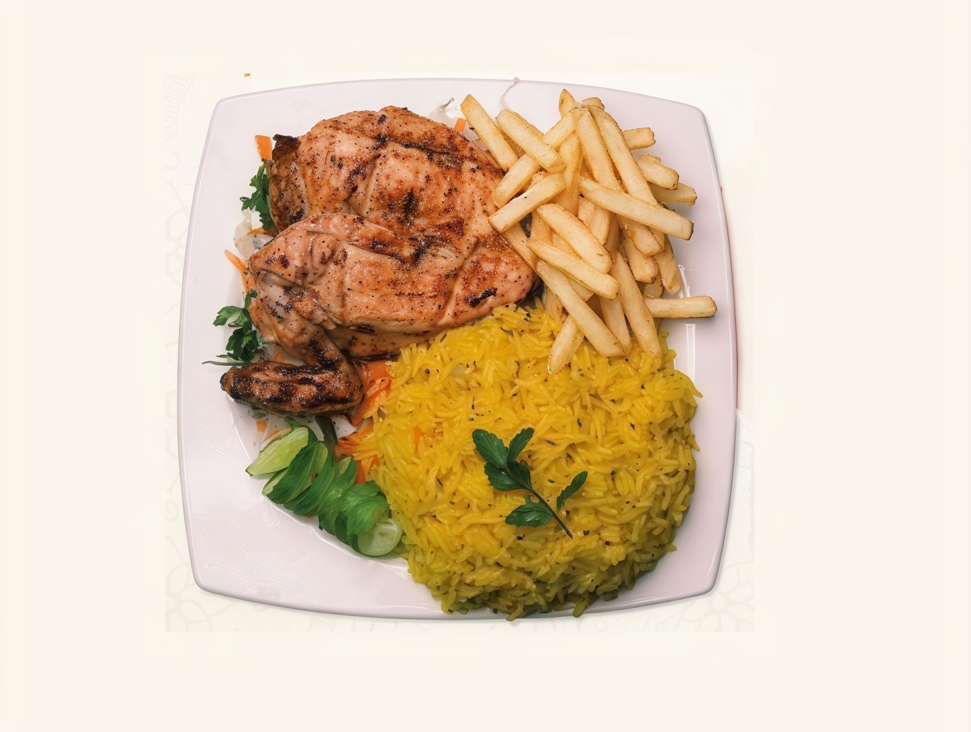 Quarter chicken breast with rice and french fries.