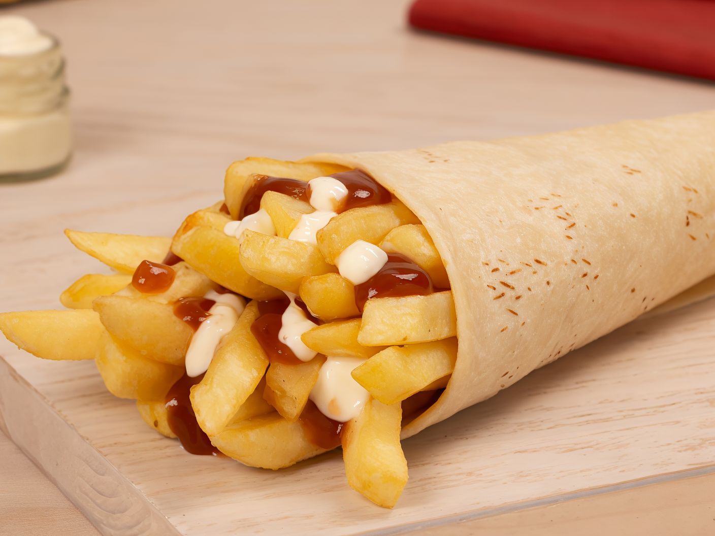 French Fries With Ketchup and Mayonnaise Roll