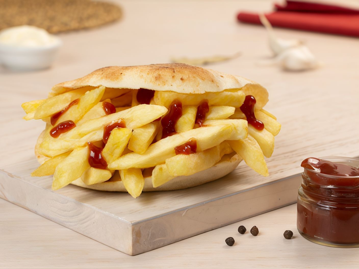 French fries sandwich with ketchup