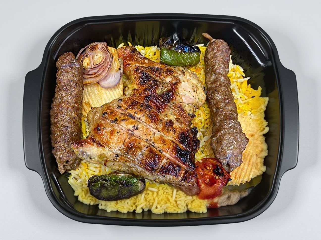 Quarter chicken, kofta, and rice