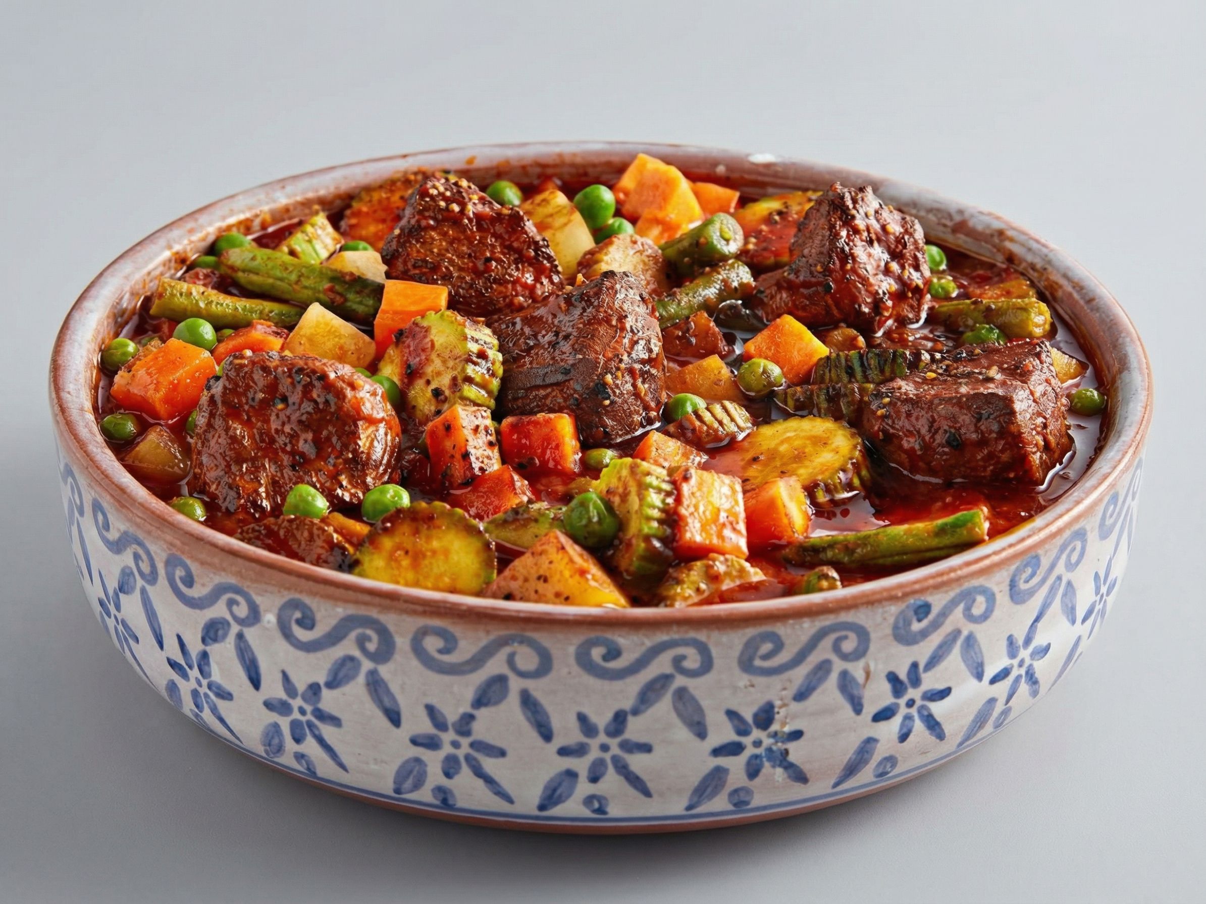 Meal medium vegetable and meat casserole, rice with vermicelli
