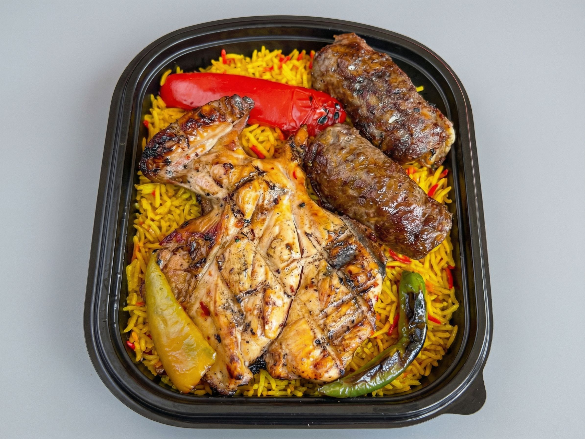 Quarter charcoal grilled chicken, grilled kofta skewer