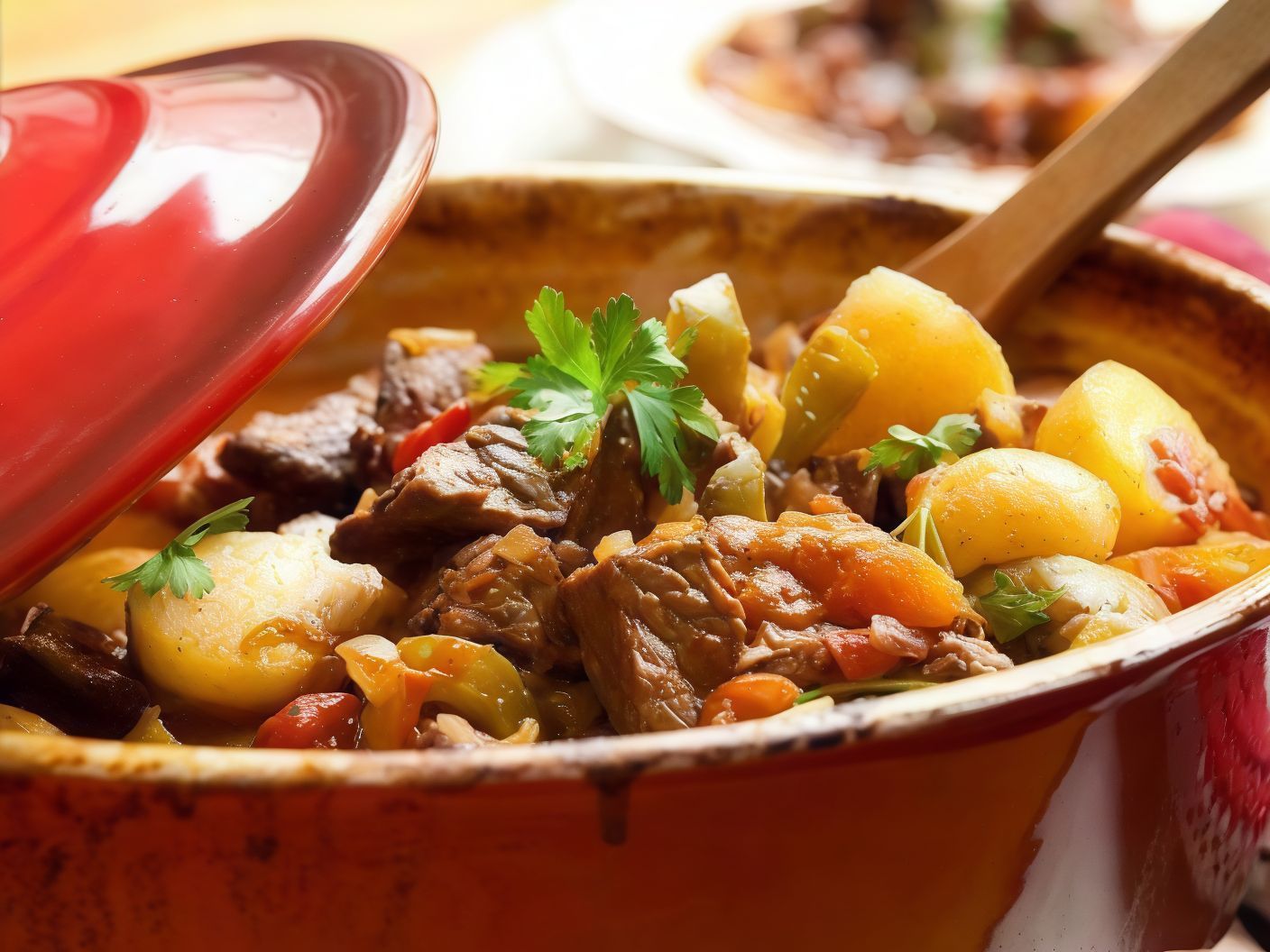 Vegetable Tagine With Meat Served With Rice, Bread, And Salads