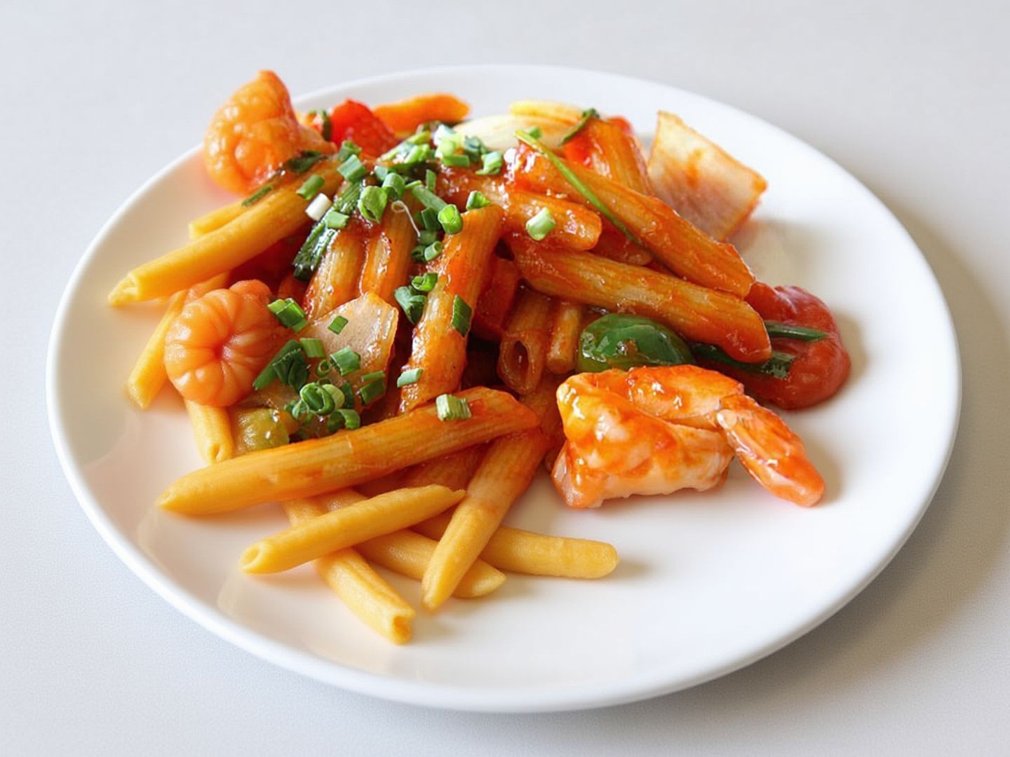 Penne pasta with shrimp in red sauce