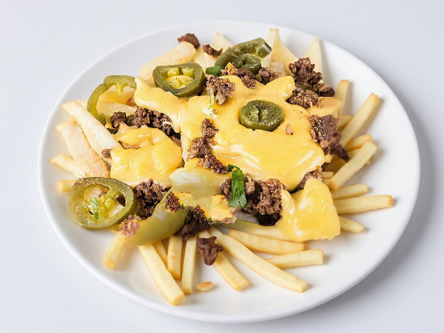 Cheddar Cheesy Fries with Minced Meat and Jalapeño
