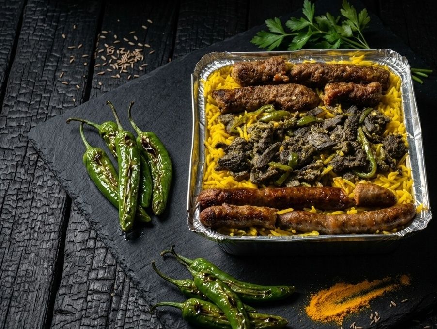 Besan Rice with Liver, Kofta, and Mixed Sausage
