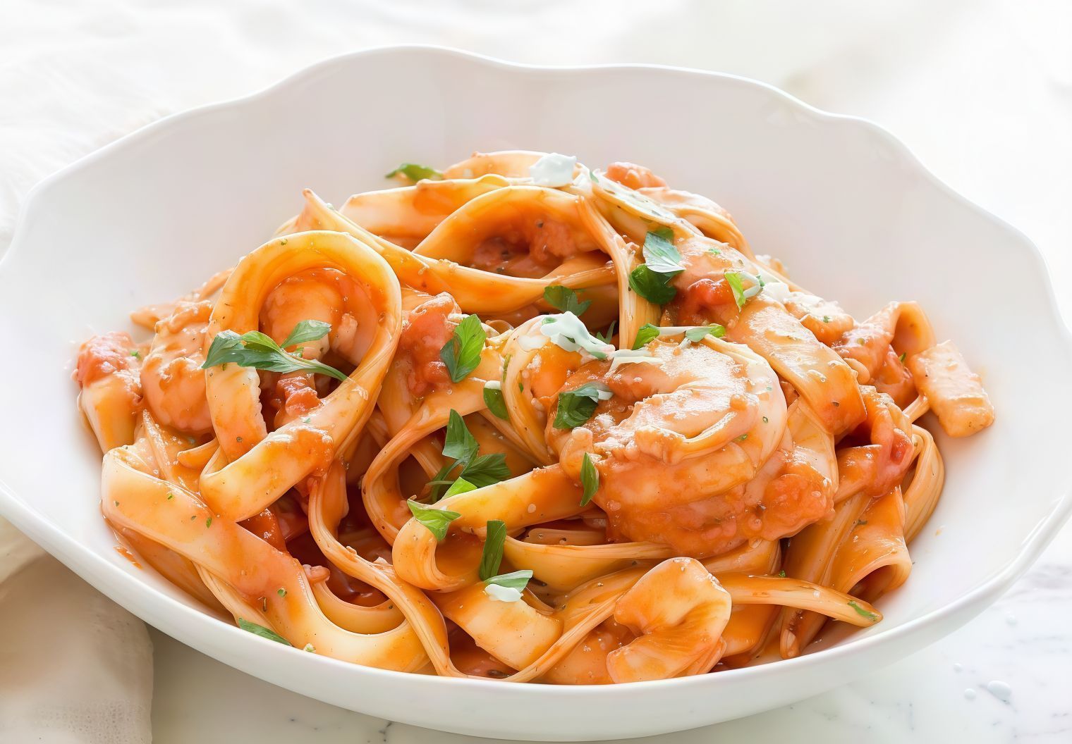 Seafood Pasta With Red Sauce And Mozzarella Cheese