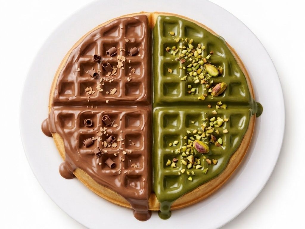 Half chocolate and half pistachio waffle