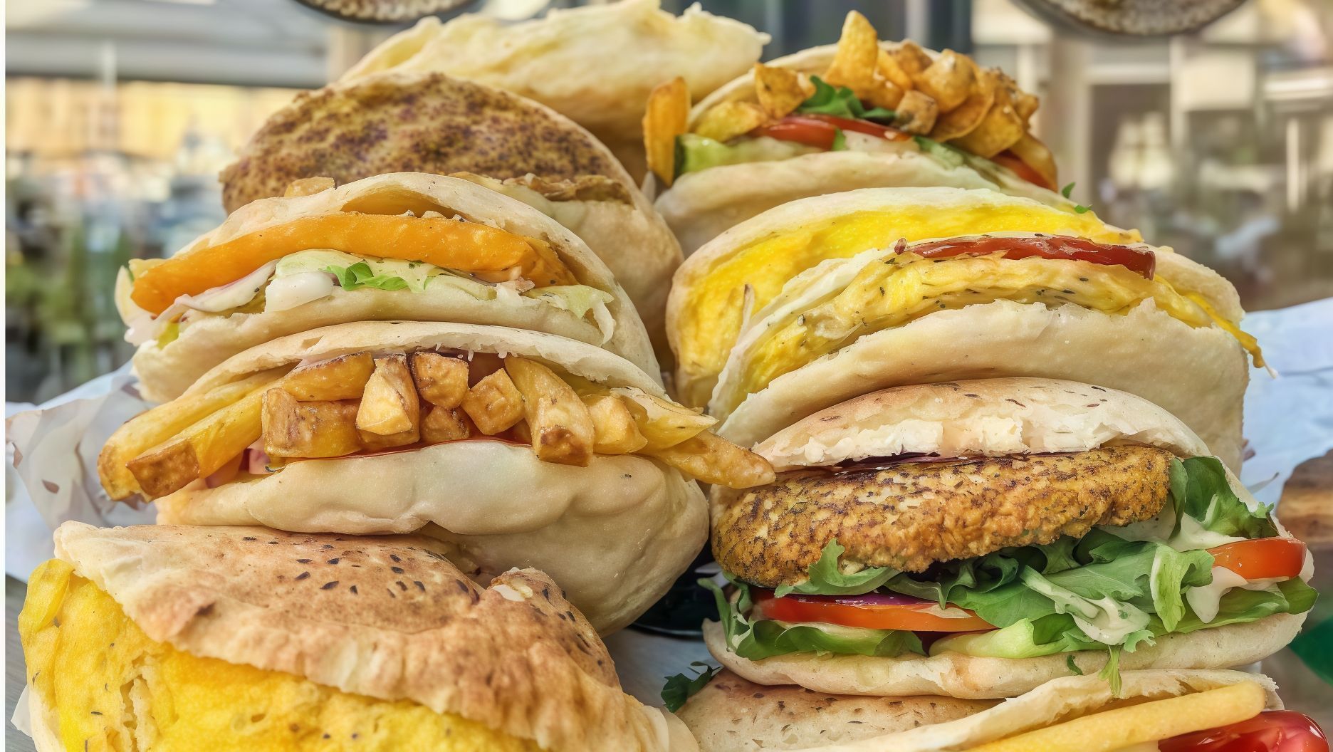 Falafel eggplant sandwich offer with potato chips sandwich and Mesakaa sandwich