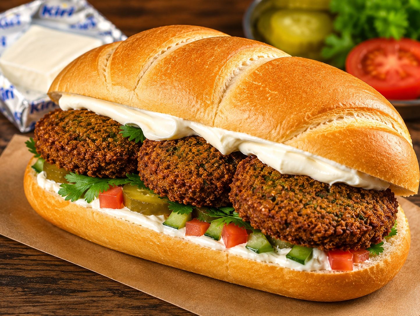 Falafel With Kiri Cheese In Kaiser Bread