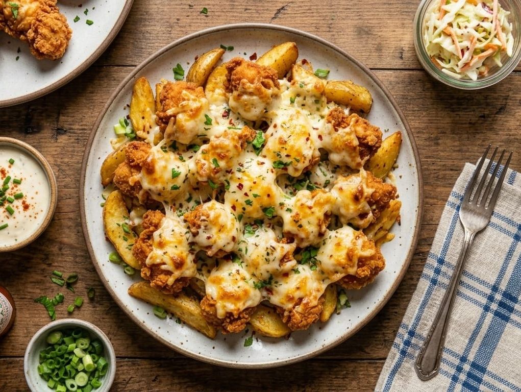 Fried chicken with cheese and potatoes