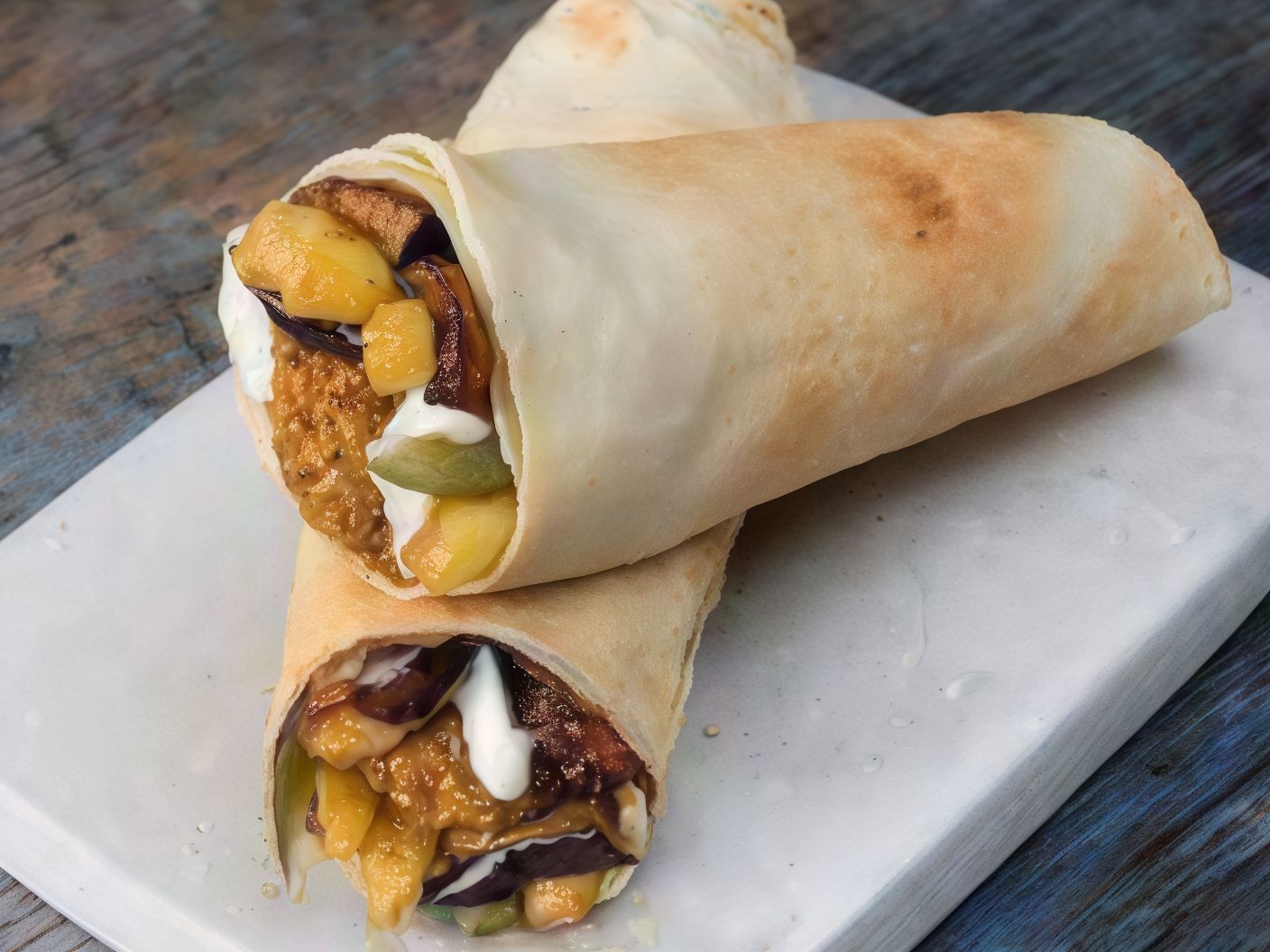 Falafel sandwich with eggplant moussaka