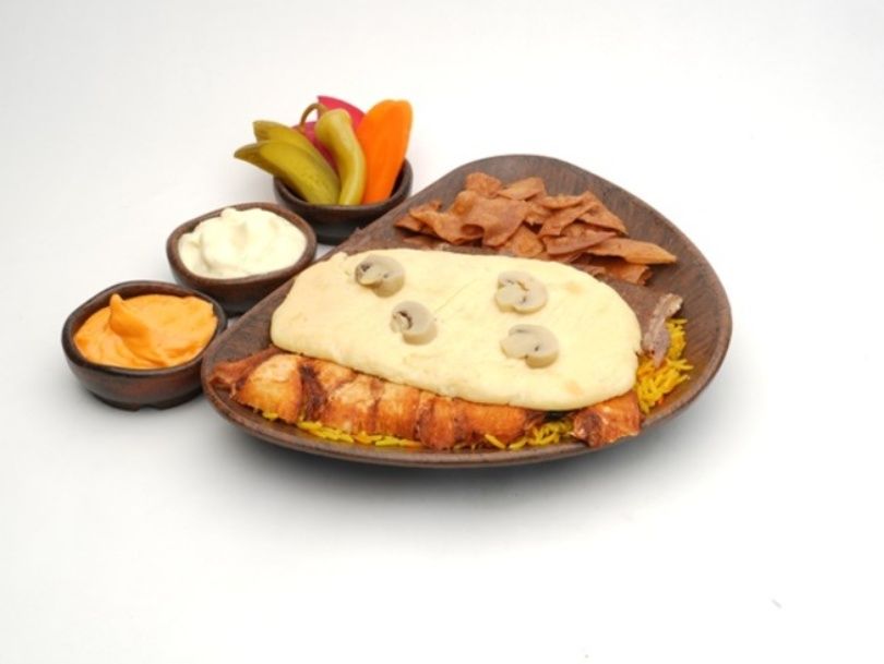 Mixed Shawarma Fatteh with Mozzarella + Mushrooms