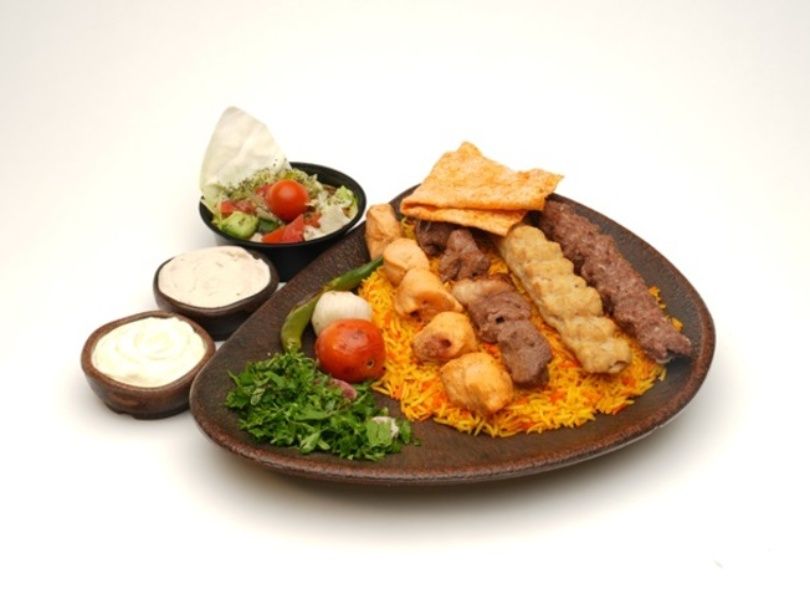 Mixed Grill Meal with Rice and Salad