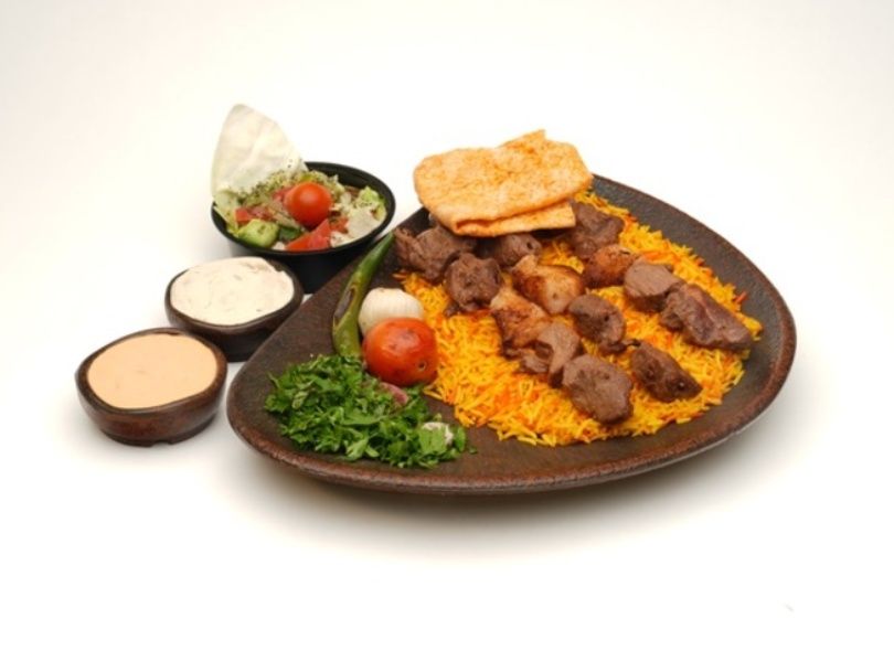 ¼ skewer of Shokaf meat meal + rice + salad