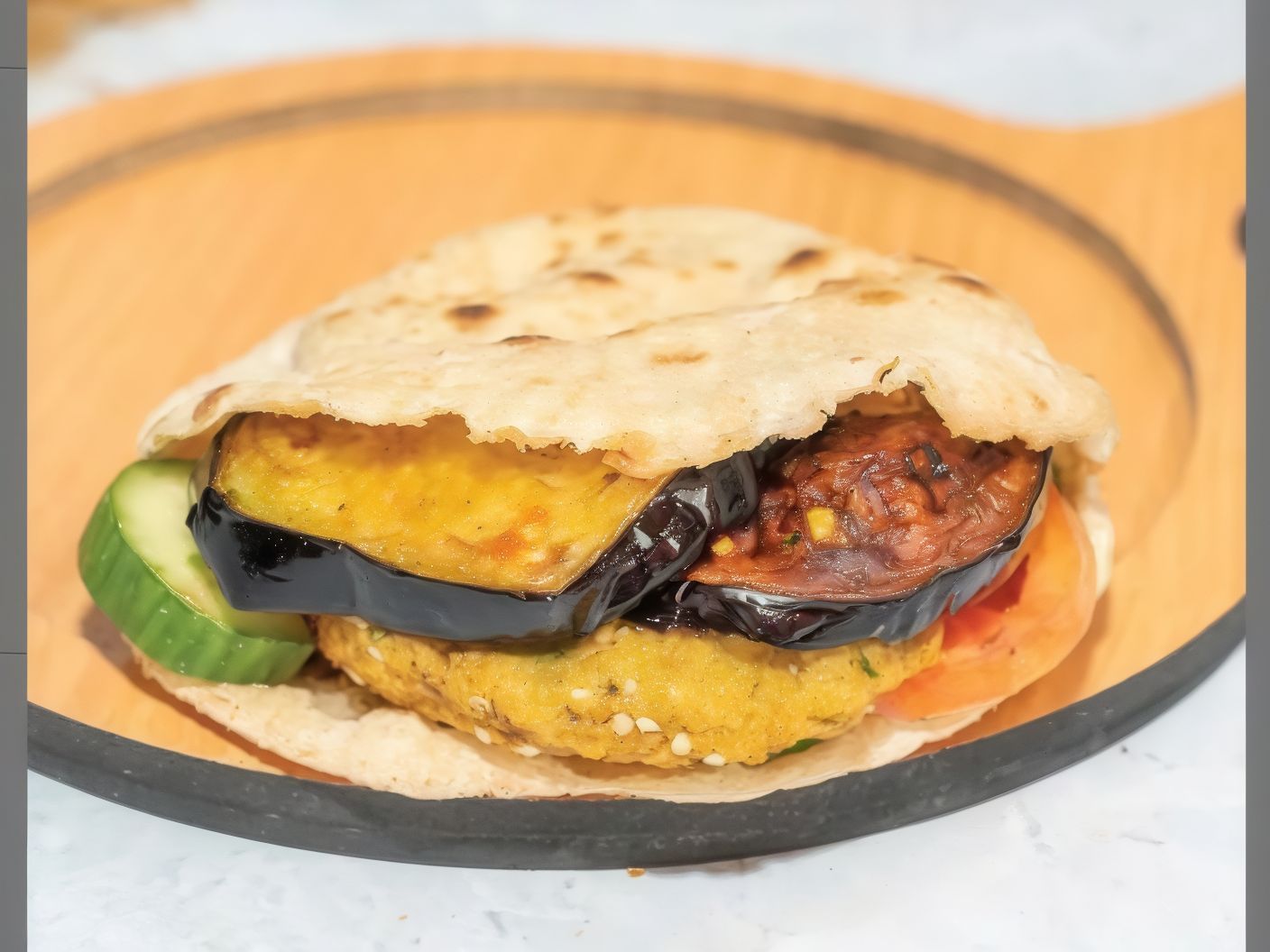 Falafel eggplant sandwich