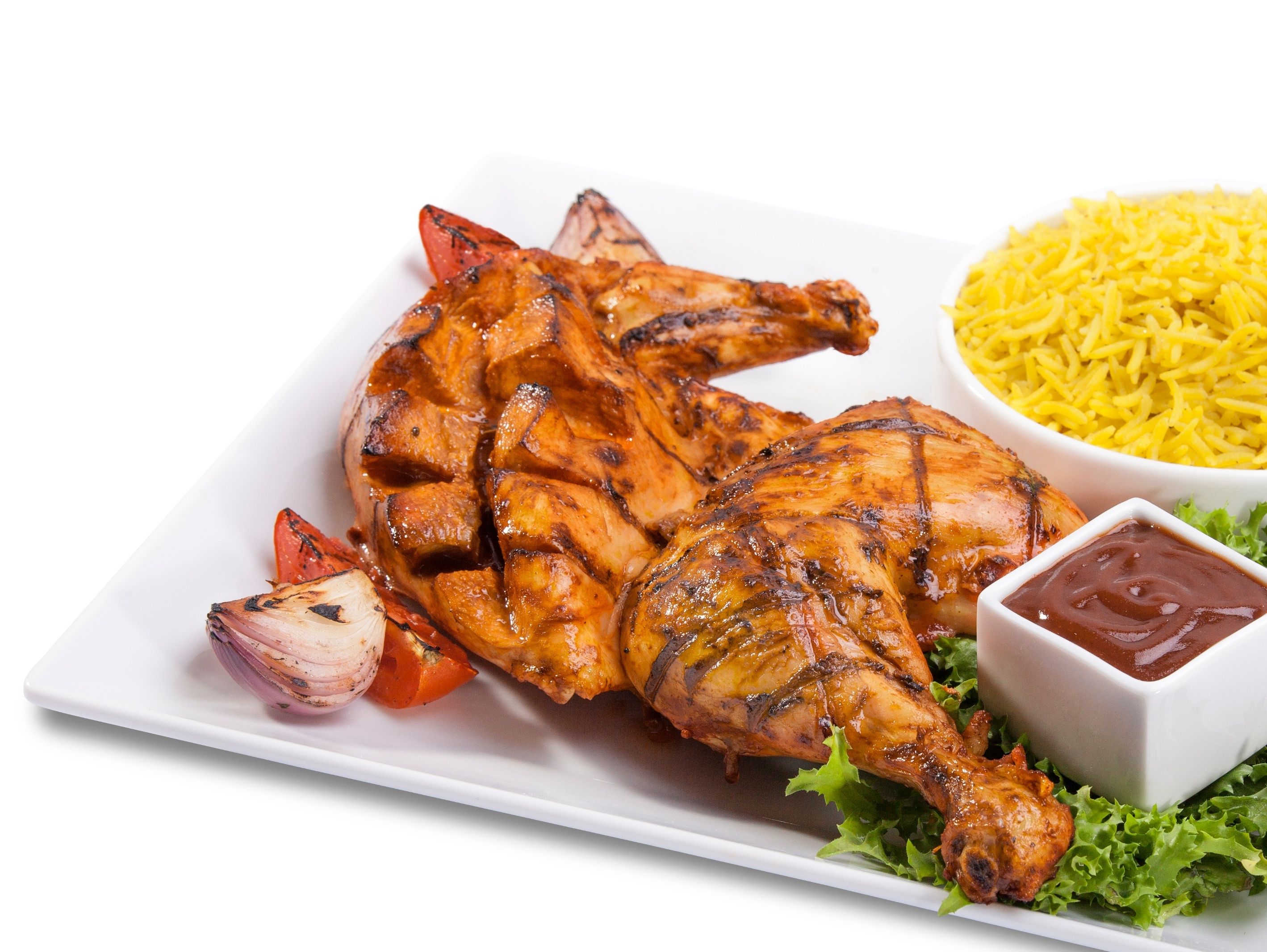 Half a chicken meal with bones, grilled on charcoal