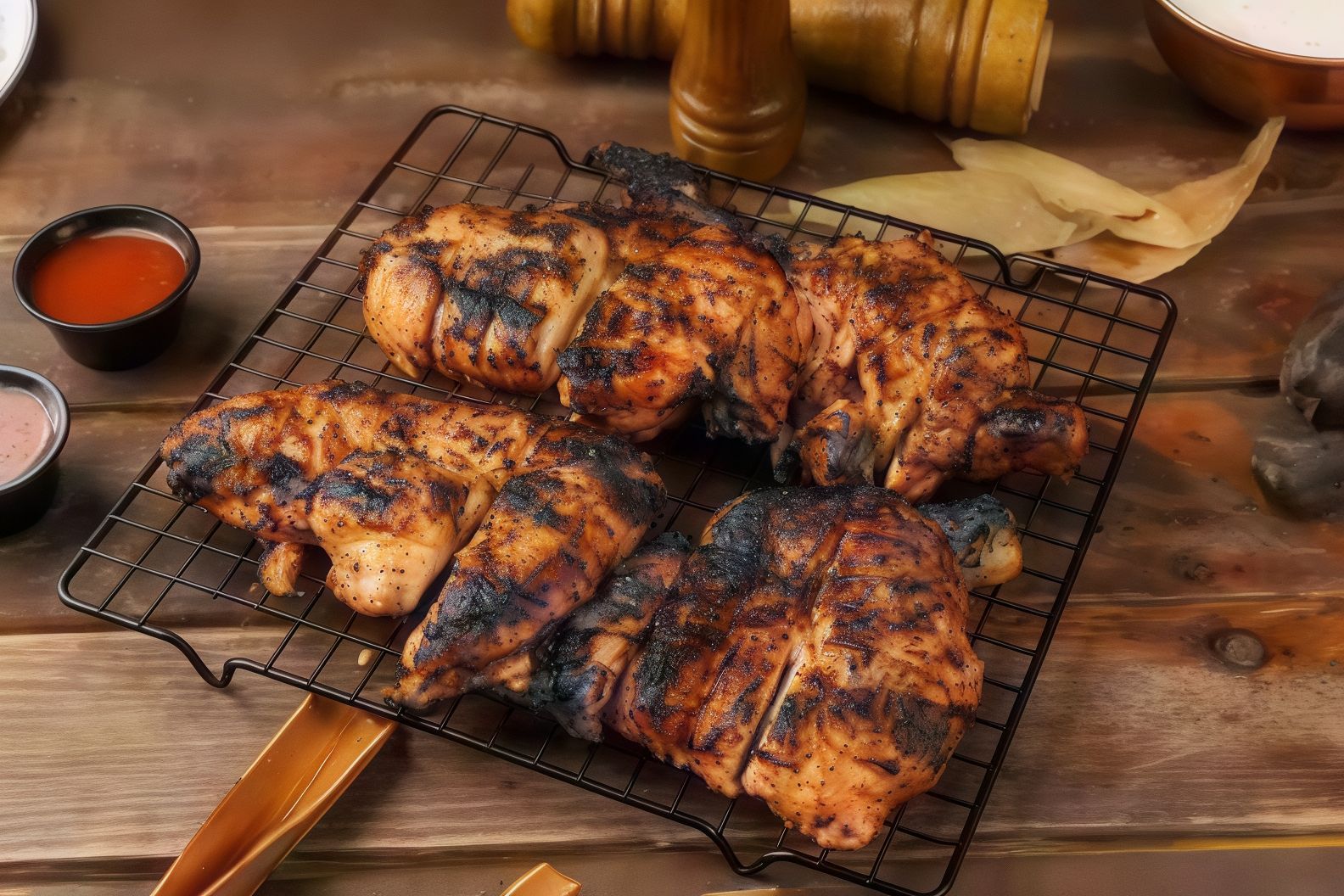 Quarter Chicken Thigh Meal With Bone, Grilled On Charcoal
