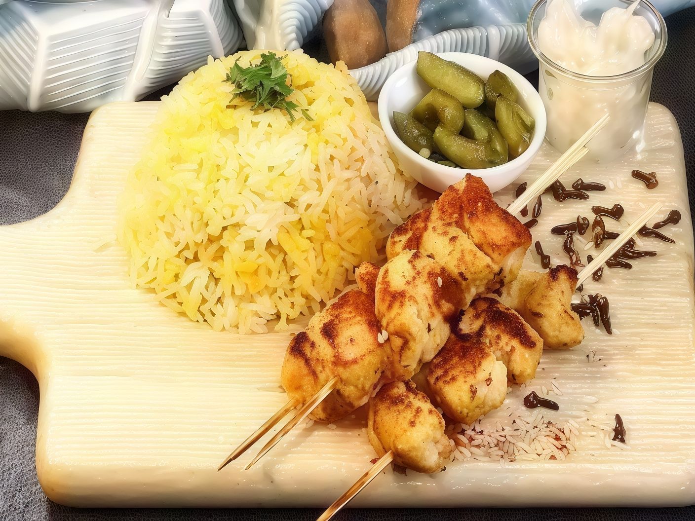 A Eighth Of Bas Shish Tawook With Rice, Salad, And Bread