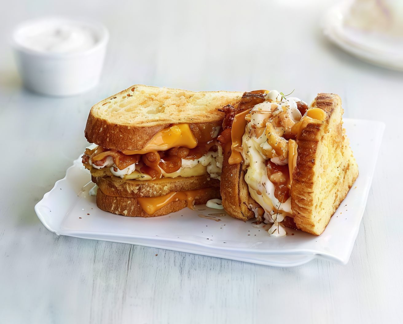 Mashed potato sandwich with boiled egg