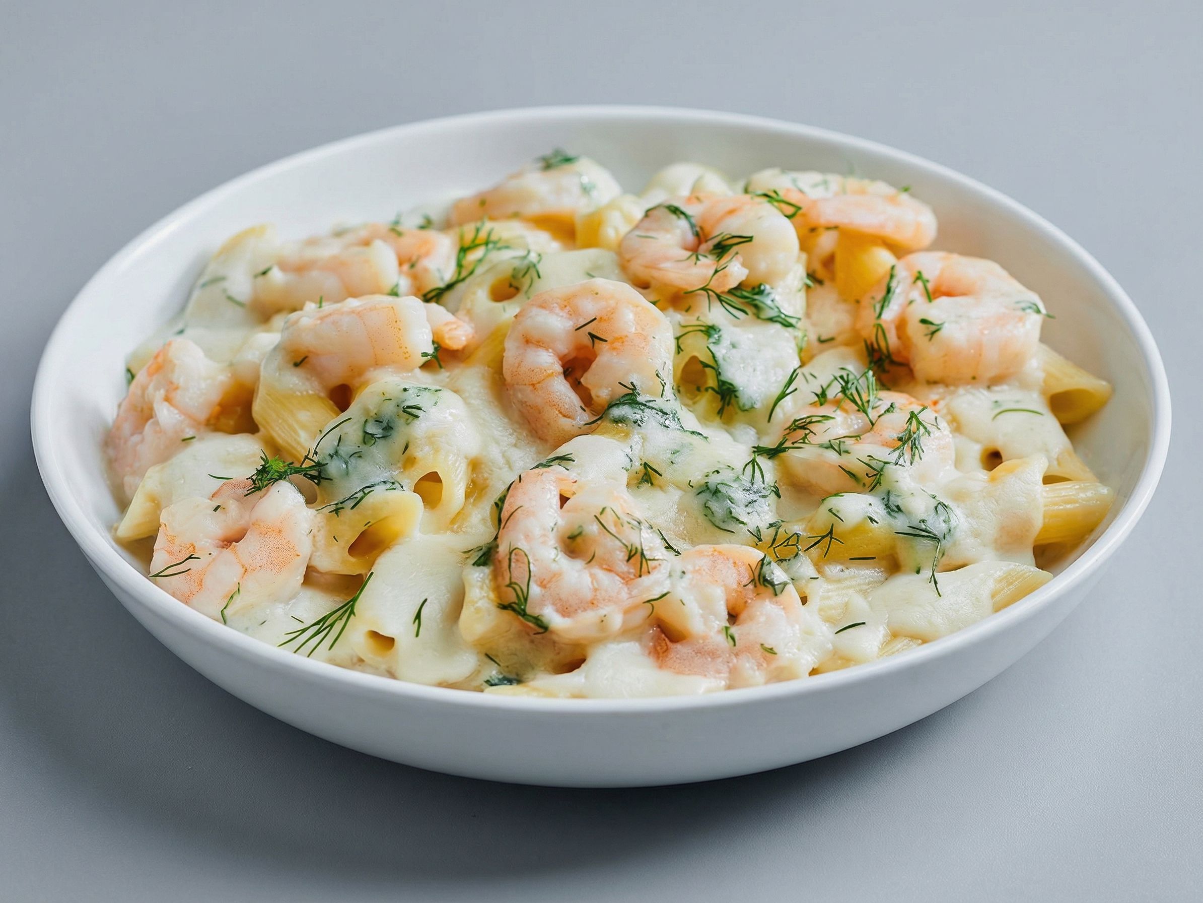 Penne pasta with shrimp, white sauce, and mozzarella cheese