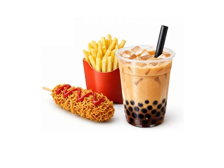 Boba Tea with Corn Dog Noodles and French Fries