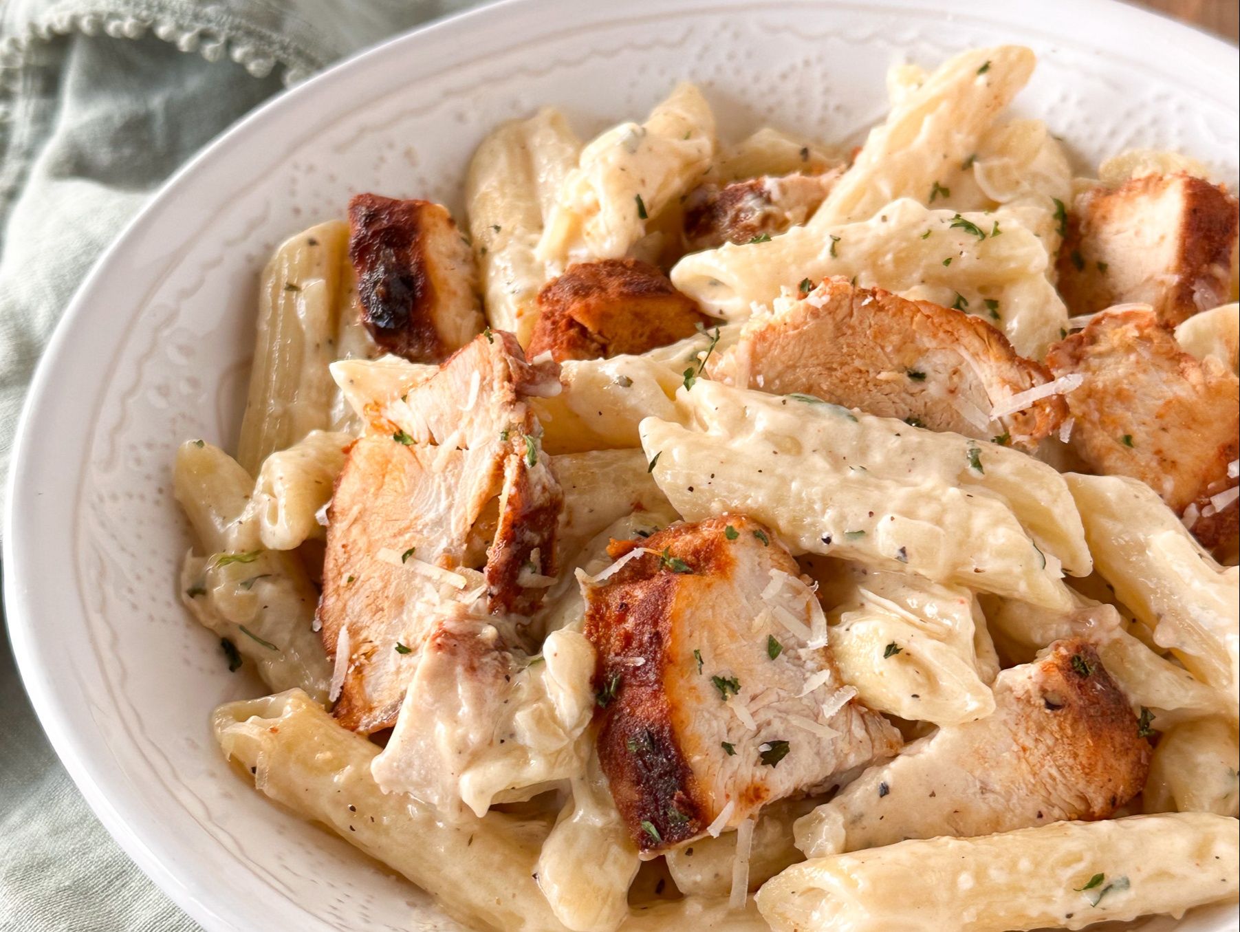 Penne Alfredo with Chicken and Mushrooms
