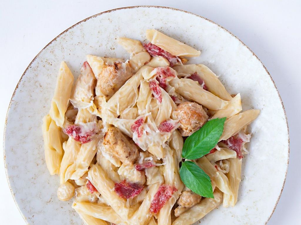 Chicken and Pastrami Penna Alfredo Pasta