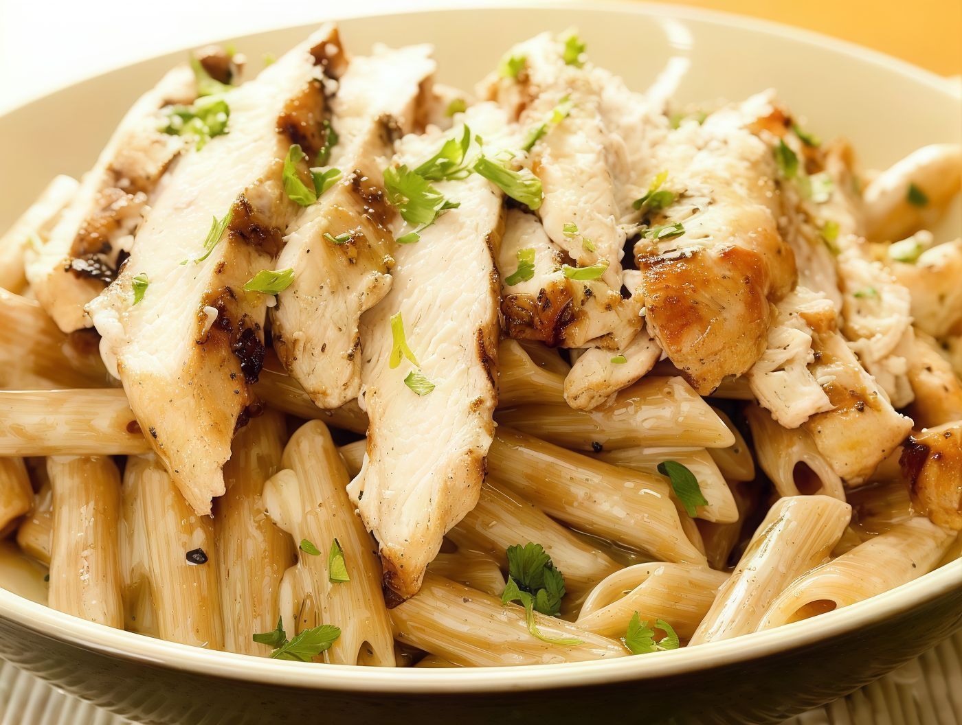 Grilled chicken with cheese pasta