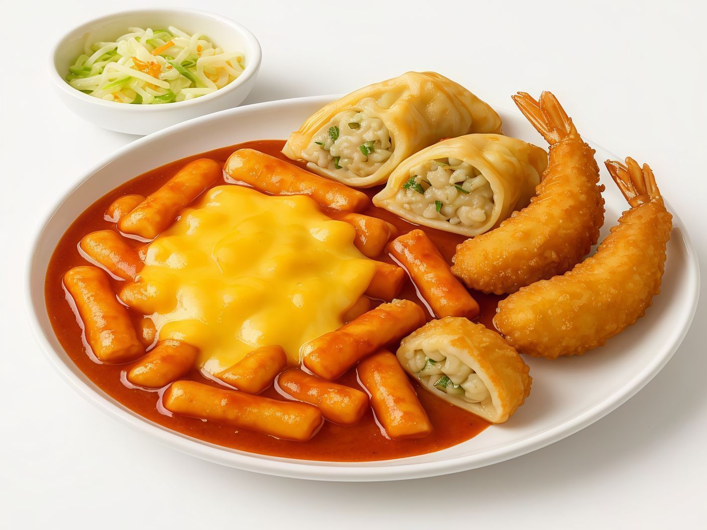 Cheesy Tteokbokki With Fried Shrimp & 2 Pieces Of Dumplings