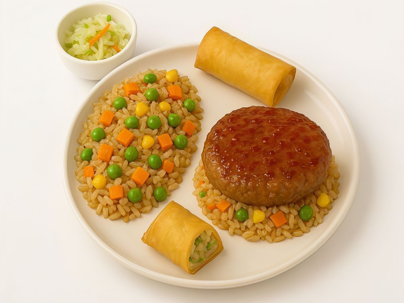Sweet Chili Steak Burger Fried Rice With Vegetables And Spring Rolls