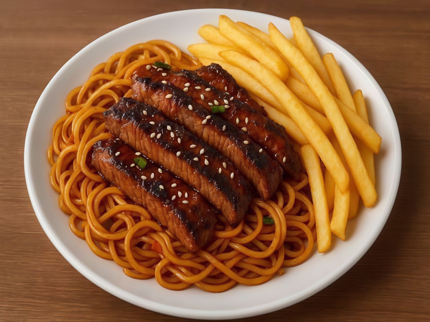 Kanji Beef Spicy Grilled Beef Strips Over Stir-Fried Noodles Served With Crispy Fries