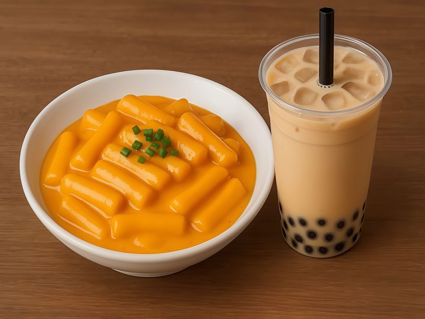 Boba Tea Drink Large Size And Tteokbokki Cheddar Cheese Sauce