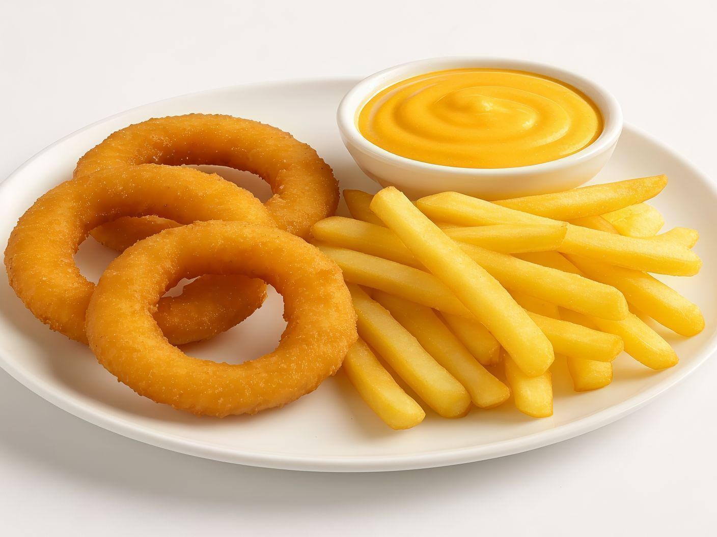 4 Fried Onion Rings & Fries And Cheddar Cheese Sauce