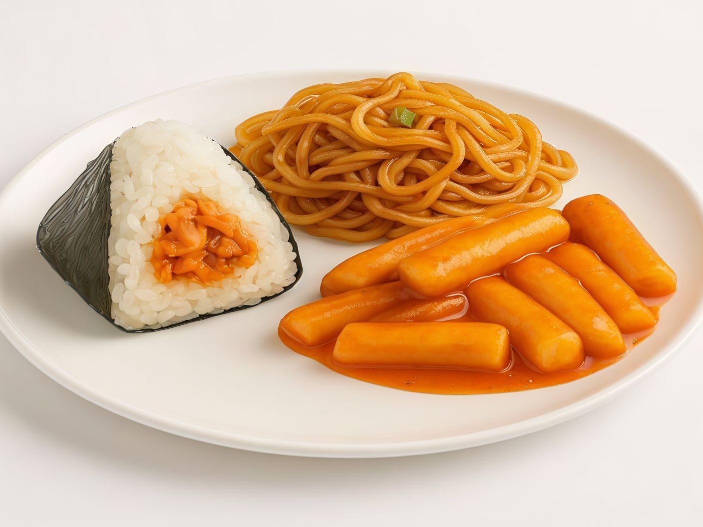 One Korean Onigiri & Medium Fried Noodles And Medium Tteokbokki