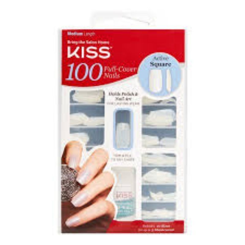 Kiss Full-Cover White Square Nails with Glue, 100 Count