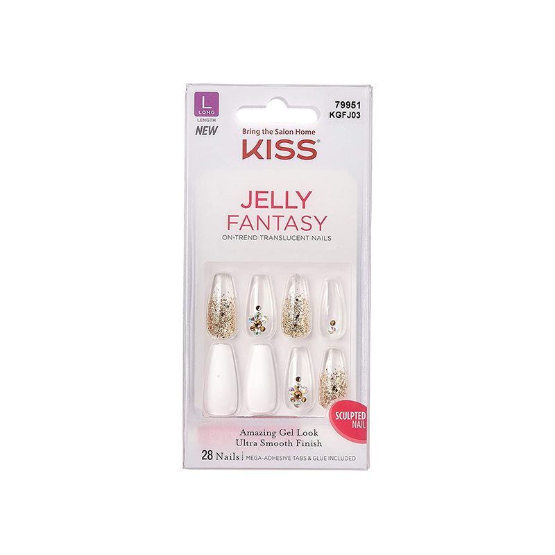 Kiss Nails Jelly Fantasy, KGFJ03C Press or Glue Manicure Long Coffin White Clear Gold