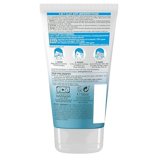 Garnier Pure Active 3-In-1 Wash, Scrub & Mask, 150ml - 10