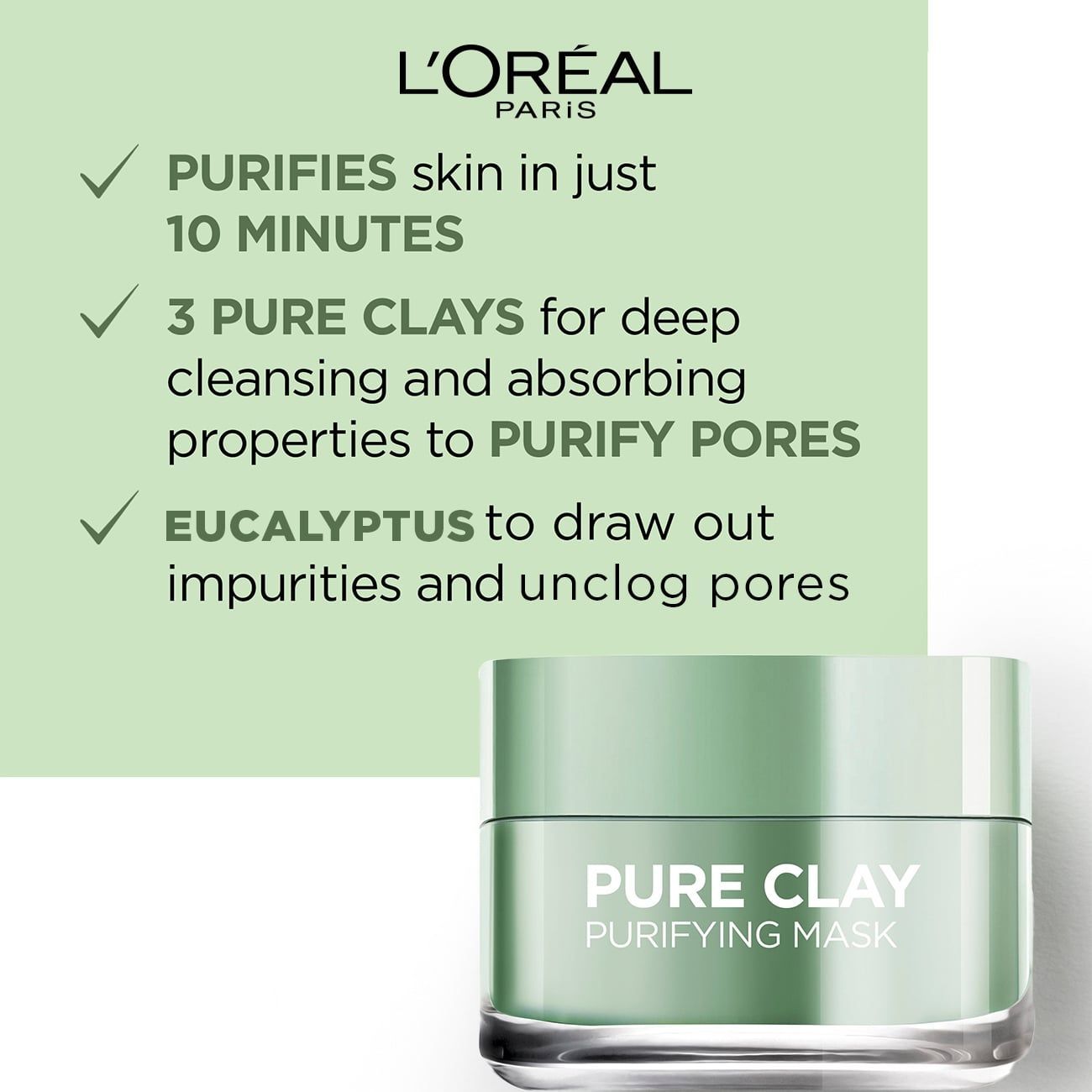 L'Oreal Paris Pure Clay Mask Purifies & Matifies / Purify / Oily Skin / Green 50ml - 2