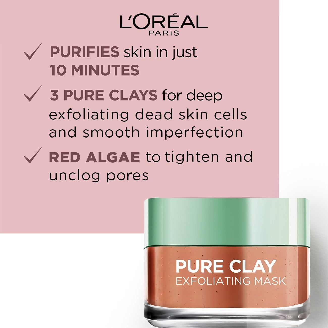 L'Oreal Paris Pure Clay Mask Exfoliates & Brightens / Clarify /  Dry Skin / Red 50ml - 3