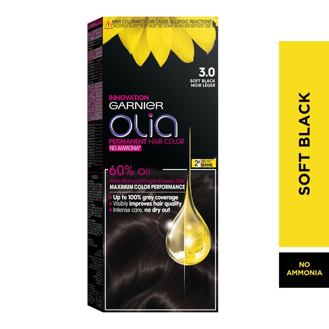 Garnier Olia, 3.0 Soft Black, No Ammonia Permanent Haircolor, With 60% Oils