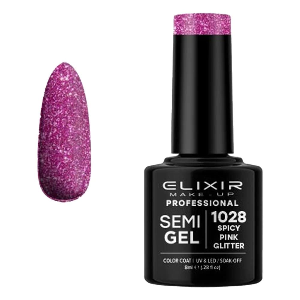 Elixir Semi Gel Color Coat Nail Polish - 1028 Spicy Pink Glitter, 8ml