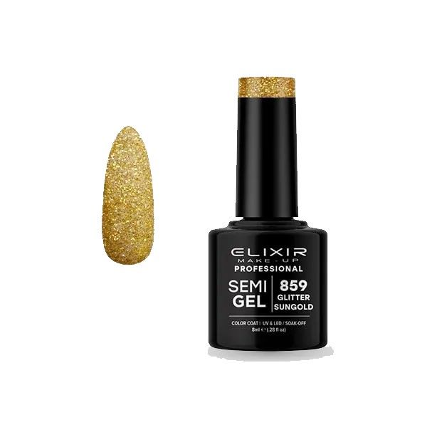 Elixir Semi Gel Color Coat Nail Polish - 859 Glitter Sungold, 8ml