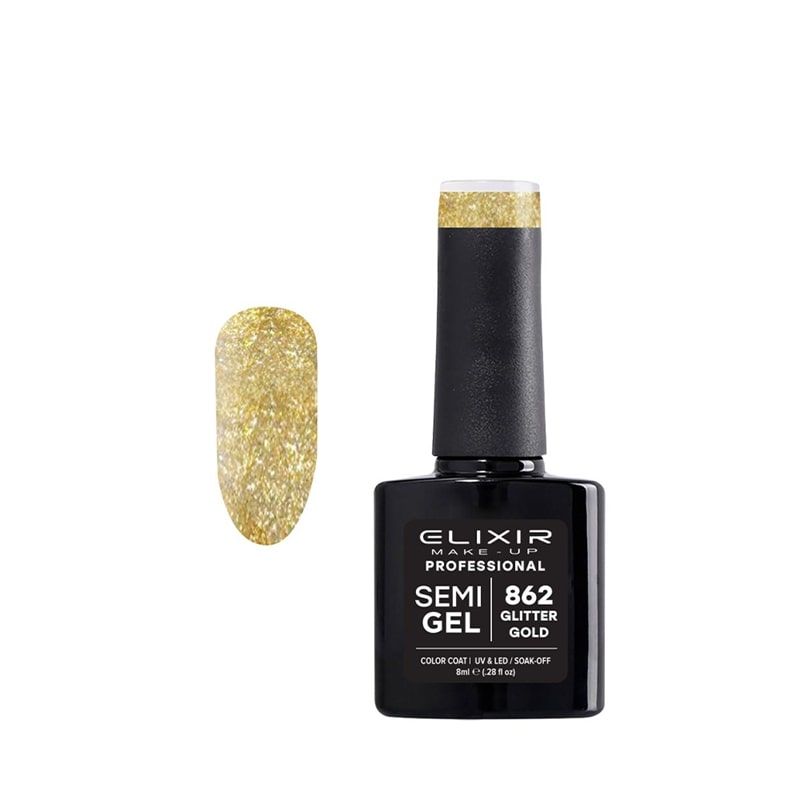 Elixir Semi Gel Color Coat Nail Polish - 862 Glitter Gold, 8ml