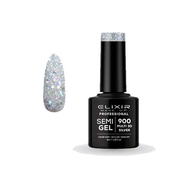 Elixir Semi Gel Color Coat Nail Polish - 900 Multi 3D Silver, 8ml