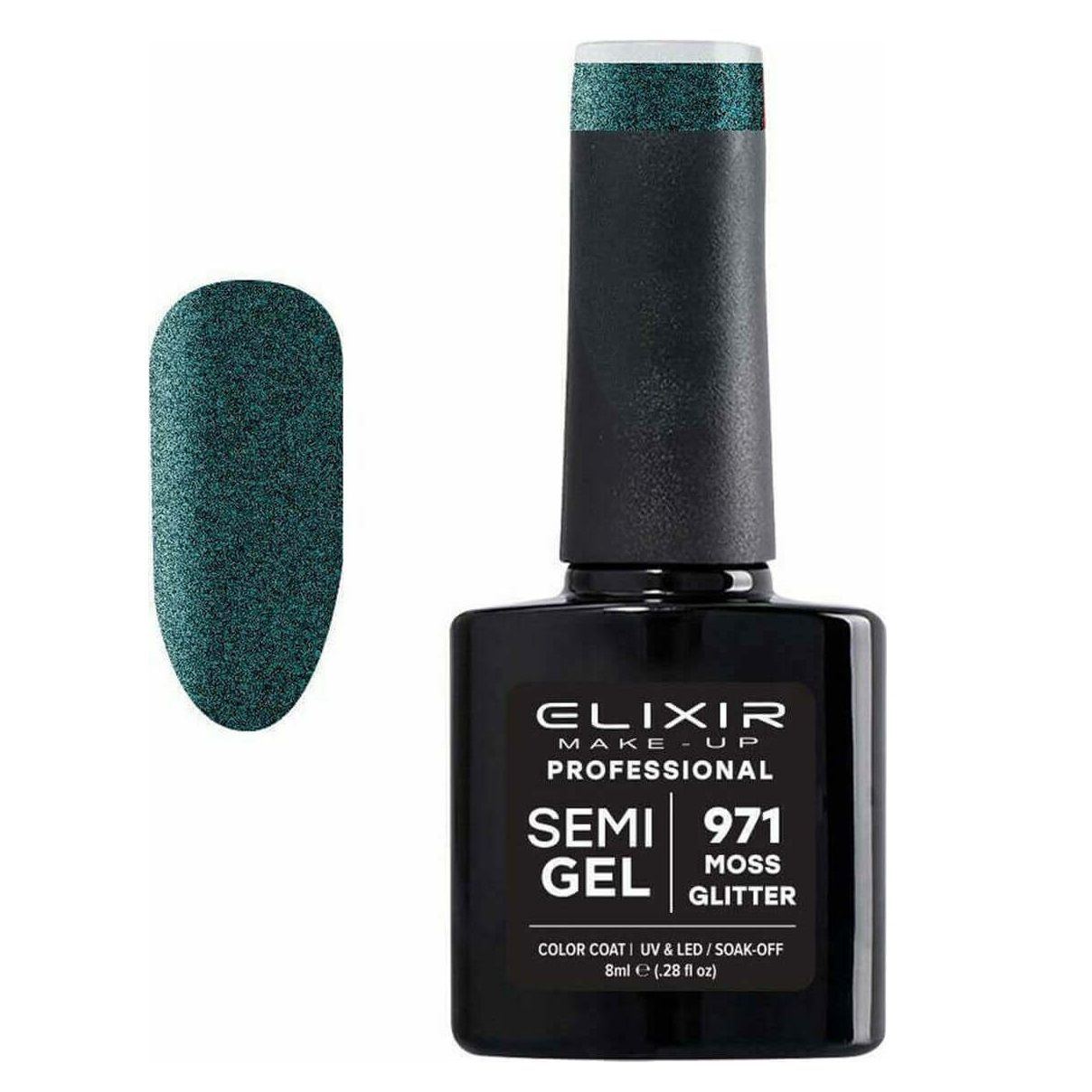 Elixir Semi Gel Color Coat Nail Polish - 971 Moss Glitter, 8ml