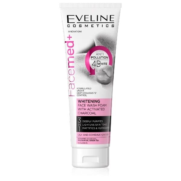Eveline Cosmetics 3-in1 Facemed+ Whitening Face Wash Foam with Activated Charcoal, 100ml