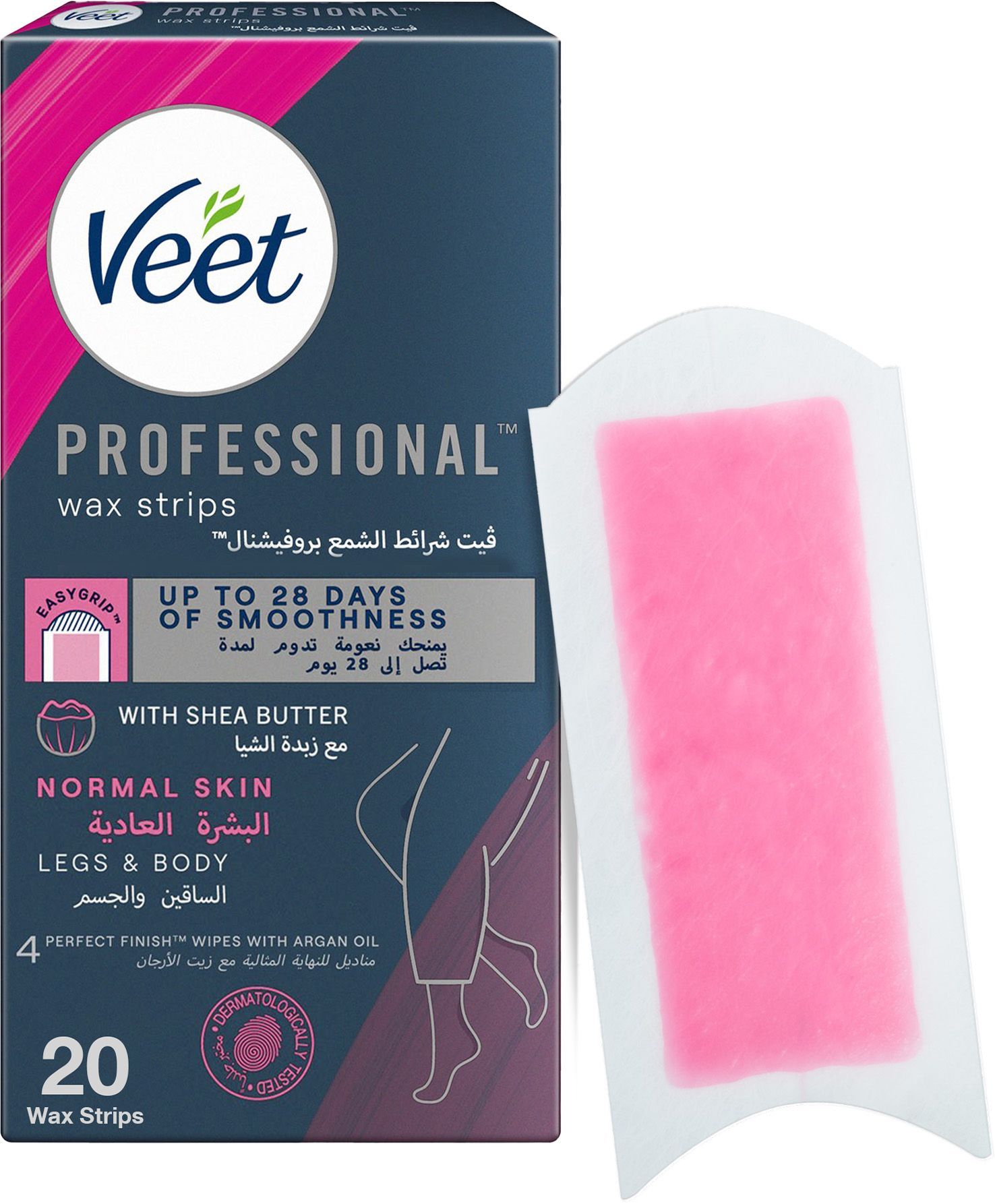 Veet Normal Skin Easy-Gel Shea Butter & Acai Berries Body & Legs Wax Strips, 20 Strips